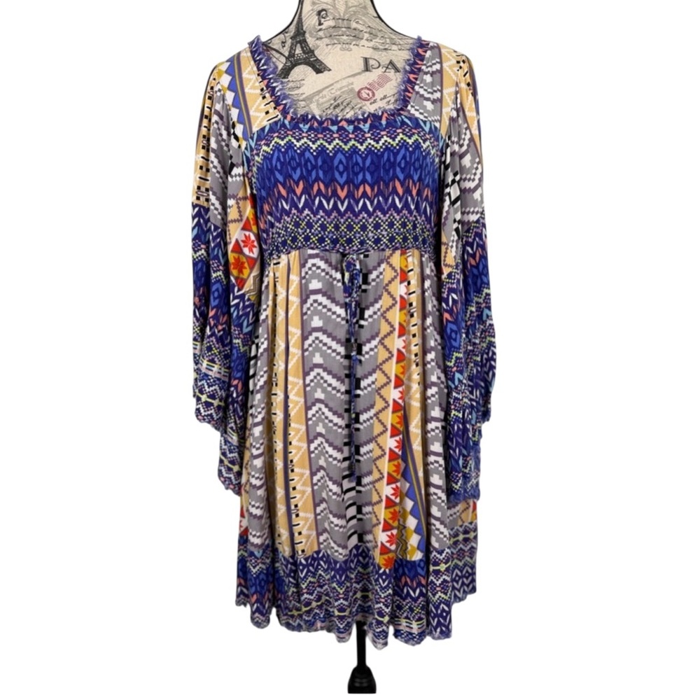 Freeway Vibrant Blue Bohemian Maximalist Fun Flutter Sleeve Tunic Dress size M